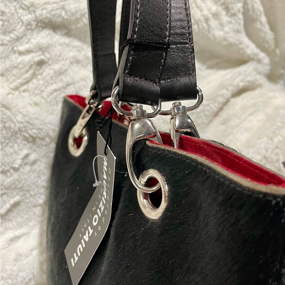 MAURIZIO TAIUTI Leather & Cowhide Tote Bag Satchel Black with Red lining NEW - Picture 5 of 7
